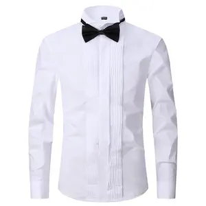 Áo Sơ Mi Xếp Li Màu Trắng Cổ Cánh Tay Dài Cotton Trang Trọng Chất Lượng Tùy Chỉnh Cho Nam Áo Sơ Mi Tuxedo Có Còng Kiểu Pháp