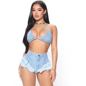 Damen Denim Bikini Set mit Jeans Shorts und BH für Strands piel und Bar Nachtclub Performance, beliebte Hollow Mesh Lace Set