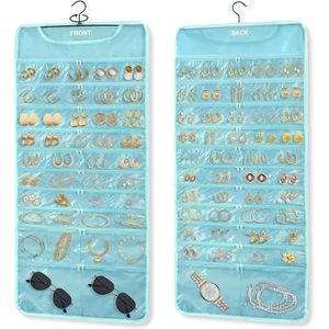 Organisateur de bijoux suspendu à 88 poches, rangement double face pour boucles d'oreilles, bracelets, montres, utilisation en voyage, bleu - Product Image 1