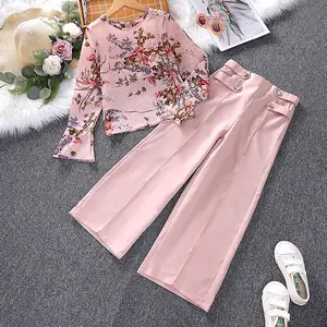 Wholesale Children's Autumn Suits 2024 New Spring Wear Floral Printed Long Sleeved Top Shirt Trouser 2pcs Girls Clothing Set