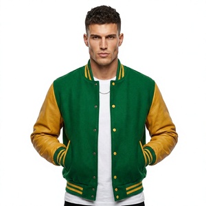 Veste universitaire décontractée en laine vert foncé pour l'été avec manches en cuir doré, col montant, design personnalisé premium style Letterman - Product Image 1
