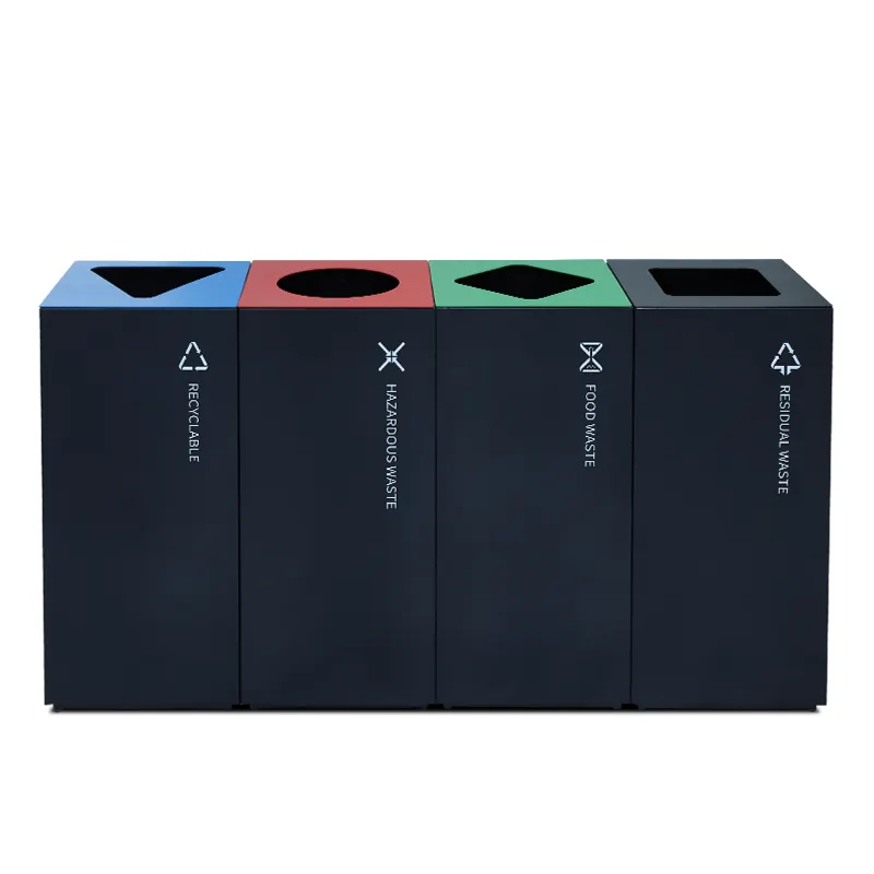 Poubelles d'extérieur rectangulaires en métal à ouverture par le haut poubelle noire recyclée avec 4 compartiments