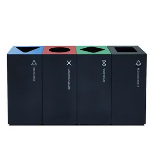 Poubelles d'extérieur rectangulaires en métal à ouverture par le haut poubelle noire recyclée avec 4 compartiments - Product Image 1