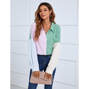 Camisa de Mujer con Botones, Bloques de Color, Manga Larga, Informal, de Algodón y Fibra de Bambú, Popelina, para Uso Diario - Product Image 4
