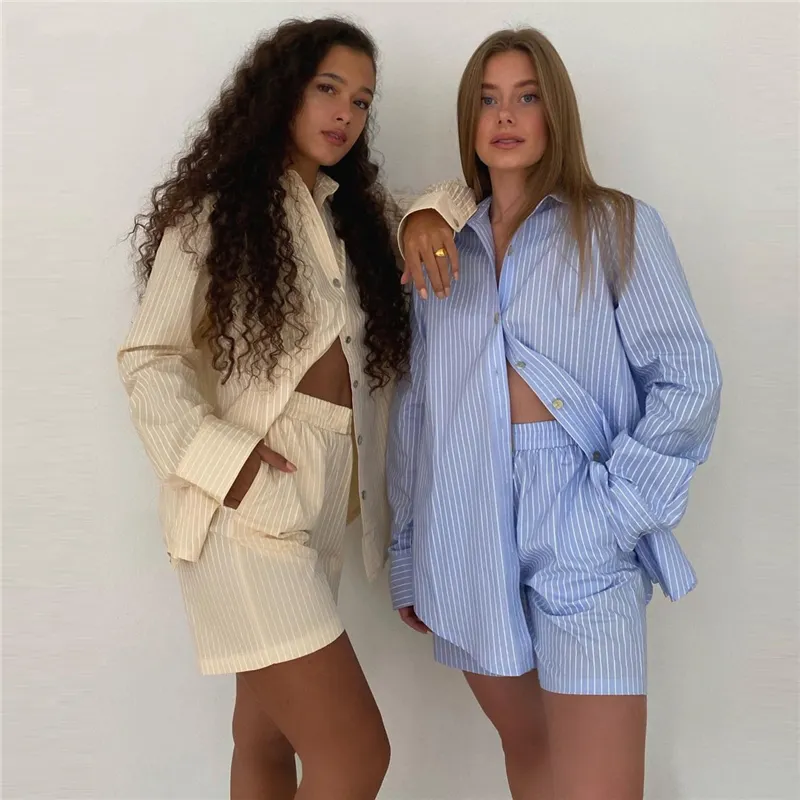 2022 Fall Women's Long Sleeve Loose Stripe Shirt Outfits Female Button Custom Logo 2 Two Piece Loungewear Blouse Shorts Sets