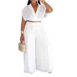 Women's Casual Vacation Style Lapel Short Top High Waisted Wide Leg <b>Pants</b> 2 Piece Set Fashion - Product Image 3