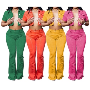 Flare Stretch Pants Short Sleeve Short <b>Tops</b> Women's Casual Denim 2 Piece Set Fashion - Product Image 1