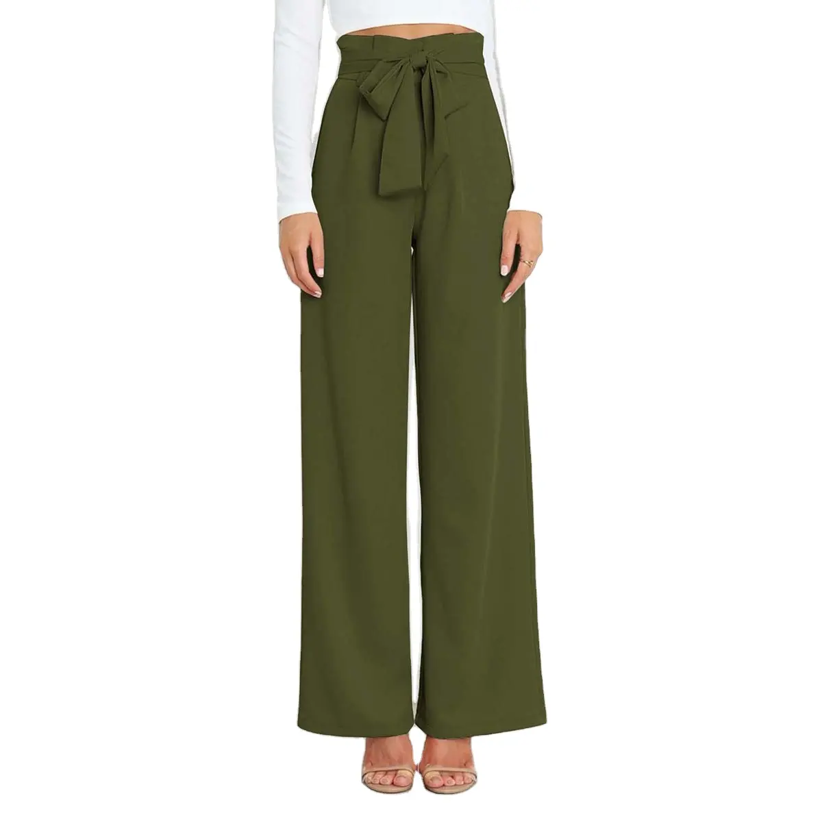 Women's Casual Solid High Waist Tie Front Office Wide Leg Pants with Pockets WPFA-002