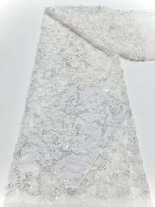 Tissu de broderie en dentelle de guipure avec des paillettes, des perles, du chiffon, des fleurs 3D, Aso Ebi pour mariage africain - Product Image 3