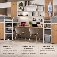 Lit superposé modulaire double pour étudiants avec bureau central partagé et armoire de rangement