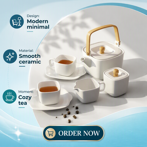 Service à thé en céramique théière tasse avec soucoupe en céramique plateau couvercle en bois <span class=keywords><strong>de</strong></span> bambou pot à <span class=keywords><strong>lait</strong></span> bidon conception différente pour le bureau à domicile - Product Image 2