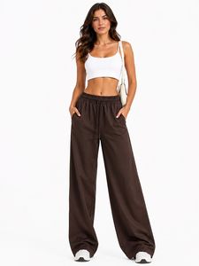 Pantaloni da yoga a vita alta bianchi a tinta unita, lunghezza intera, con elastico in vita e coulisse, abbigliamento sportivo da donna - Product Image 3