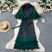 Robe décontractée élégante WIWT pour femme, jaune et blanche à rayures, avec volants et ceinture, idéale pour le quotidien et les vacances