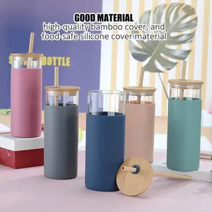 20 oz ly thủy tinh với tre có nắp đậy và ống hút 500ml 600ml 700ml chai nước thủy tinh kính với Silicone bảo vệ tay áo thiết lập