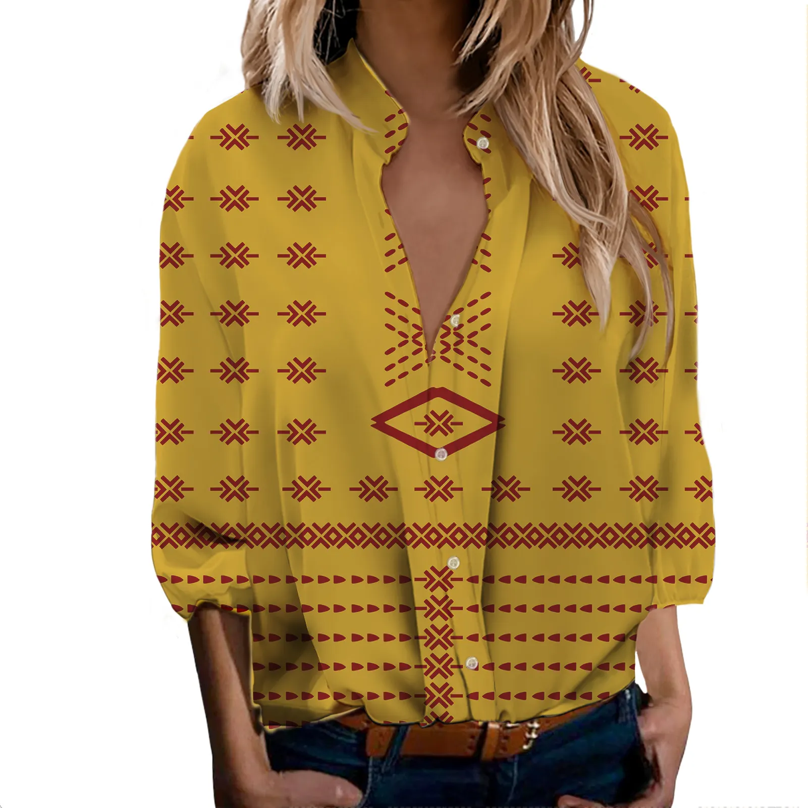 Camisas oversize de manga larga para mujer, blusas sexys con estampado de patrón Tribal dorado y marrón para mujer, blusas informales