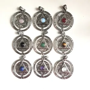 High Quality Silver Plated Round Charm Raw Stone Amethyst Lapis Lazuli Amethyst Green Aventurine Demon Eye Star Of David Pendant