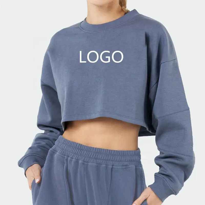 Custom Logo Hooded Trendy New Style Round Neck Loose Long Sleeve Casual Sweatshirt Fleece Oversized Crop Sweatshirt For Women