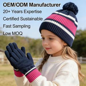 Gorro de Punto Acrílico Personalizado con Pompón, Gorro Cálido Ajustable <span class=keywords><strong>para</strong></span> Niños y Niñas, Marca Privada, Conjunto de Gorro y Guantes de Invierno <span class=keywords><strong>para</strong></span> Niños - Product Image 1