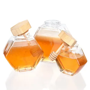 금속 뚜껑이있는 맞춤형 육각 유리 용기 보관 병 식품 저장 병 유리 꿀 항아리