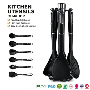 7 Pieces Food Grade <b>Silicone</b> Kitchen Utensils Black Heat Resistant Non‑Stick Cooking Tool Set with Rotating Storage Stand - Product Image 1