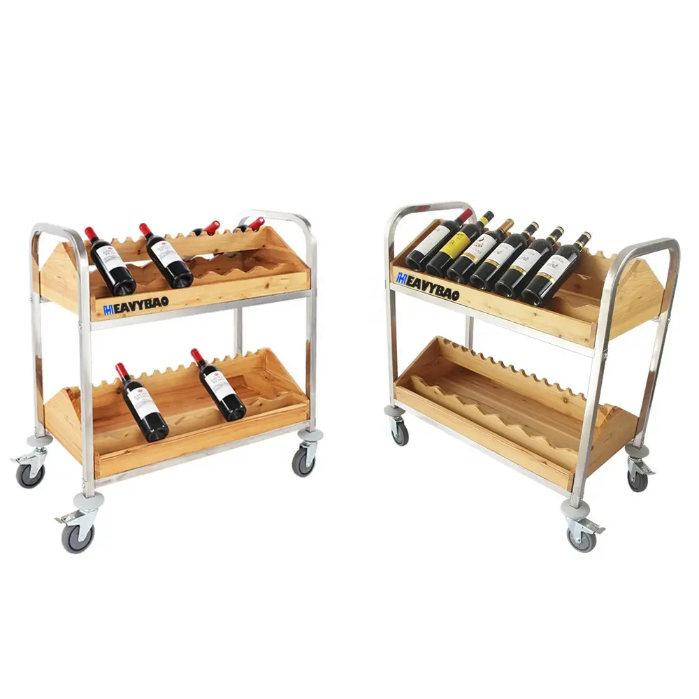 Heavybao Stainless Steel Hotel Wood Beverage Bucket Bar 2-Tier Wine Serving Trolley Cart Commercial Liquor Service Trolley