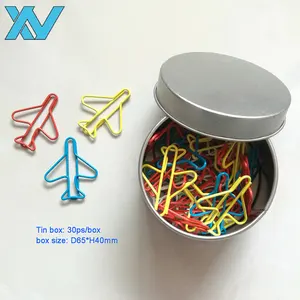 Colorful promotional airplane shape metal wire paper clip gifts in round tin box