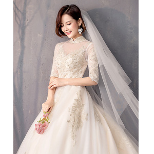 Robe <span class=keywords><strong>de</strong></span> mariée vintage 2019 en dentelle <span class=keywords><strong>champagne</strong></span> clair à col montant et manches mi-longues avec longue traîne - Product Image 3