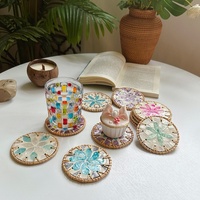 Sous-verre rond en résine et coquille de rotin de 10 cm, tressé à la main, isolant, pour tasses, café, cuisine, maison, décoration de table