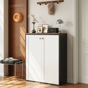 <span class=keywords><strong>Meuble</strong></span> à <span class=keywords><strong>chaussures</strong></span> et armoire de rangement en acier avec plateau en bois massif et étagères réglables – Organisateur multifonctionnel pour entrée - Product Image 1