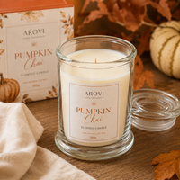 Arovi - Vela Aromática de Calabaza y Chai para Otoño, 380g, Cera de Soya Natural, Vela en Frasco de Vidrio con Tapa de Vidrio, Caja de Regalo Personalizada