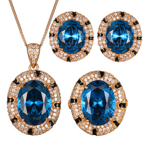 Fashion Eco-friendly Copper Gold Plated Oval Cut 12*16MM 10*12MM Zircon <b>Blue</b> Crystal Gemstone <b>Necklace</b> 3 Piece Jewelry Set - Product Image 1