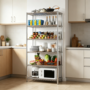 Scaffale Organizzatore da Cucina a 5 Ripiani Regolabili <span class=keywords><strong>in</strong></span> <span class=keywords><strong>Acciaio</strong></span> Inox <span class=keywords><strong>Cromato</strong></span>, Leggero e di Media Resistenza - Product Image 1