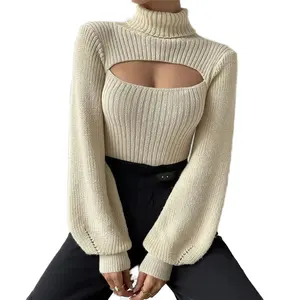 Custom Wholesale Turtleneck Cut Out Eyelet Detail Sweater Women Fashion Knit Pullover Sweater Mujer 2023