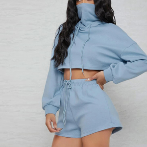 OEM di alta qualità Logo personalizzato Puff stampa vuoto ritagliato 80 cotone 20 poliestere felpa con cappuccio con viso mascherato 2 pezzi pantaloncini donna Set - Product Image 5