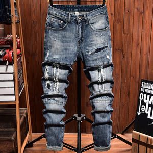 Jean vintage gothique brodé effet vieilli pour <span class=keywords><strong>homme</strong></span>, coupe slim extensible, détails patchwork respirants, style streetwear motard - Product Image 4