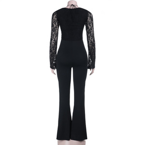 <span class=keywords><strong>Tuta</strong></span> Intera Aderente in <span class=keywords><strong>Pizzo</strong></span> Nero a Maniche Lunghe, Abbigliamento Casual da Strada, Jumpsuit per Donne con Pantaloni a Zampa e Lacci Frontali - Product Image 4