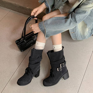 Zapatos de Tacón Medio Grueso, Elegantes, Retro, Casuales, de Color Sólido, con Punta Cuadrada, Hechos a Mano con Cuero Genuino, Impermeables - Product Image 5