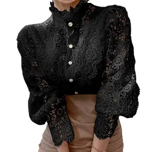 Womens Shirts Black White Lace Top UK French Style Clothes Elegant Outfit Stand Collar Floral Blouse Long Sleeve Shirt