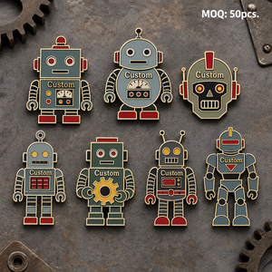 Pins de solapa de metal de alta calidad <span class=keywords><strong>del</strong></span> fabricante, personalizados, con temática de robot retro, insignias mecánicas vintage y de <span class=keywords><strong>guerrero</strong></span> cibernético - Product Image 1