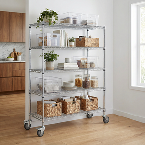 調整可能な5段クロムメッキスチールワイヤーシェルフラック（倉庫保管用、ホイール付き） - Product Image 3