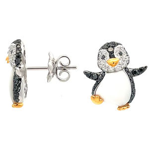 Pendientes de Plata de Ley 925 con Diseño de Pingüino Premium, Chapados en Oro de 18K, Incrustaciones en Blanco y Negro, Joyería de Animales Adorables, Regalo para Mujer - Product Image 1