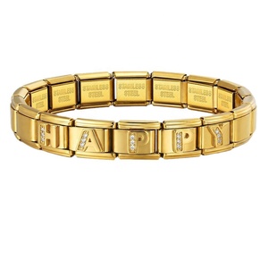 Gold-base Diamond-inlaid <b>Letter</b>-style Modular Bracelet Stainless Steel Electroplated DIY Customizable Name Wristband Chain - Product Image 6