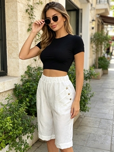 SWEET BABE Pantalones cortos de cinco pulgadas para mujer, cintura elástica, pierna recta, detalle de botones, bolsillo, pantalones cortos informales de verano para salir a diario - Product Image 2