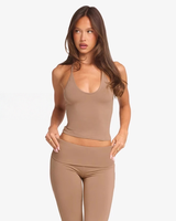 Legging Yoga Pilates Ringan Warna Pink Muda Model Flare, Atasan Halter Camisole, Set Olahraga 2 Potong Bahan Stretch Empat Arah