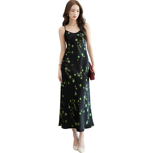 Satin Floral Print <b>Spaghetti</b> <b>Strap</b> Dress Women Summer Long Slim Fit Natural Waist Daily Casual Breathable - Product Image 5