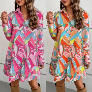 New Arrival Ladies Pattern Printed Long Sleeve Loose Casual Button Up Lapel Shirt Dress For Women