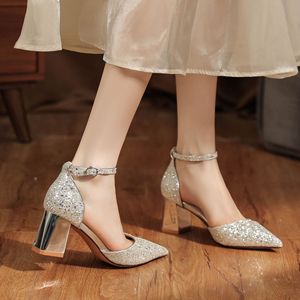 Chaussures Youxianmei à paillettes, escarpins à bout pointu et talon carré, avec bride à la cheville, talons hauts, chaussures de mariage élégantes pour tenue de soirée - Product Image 2