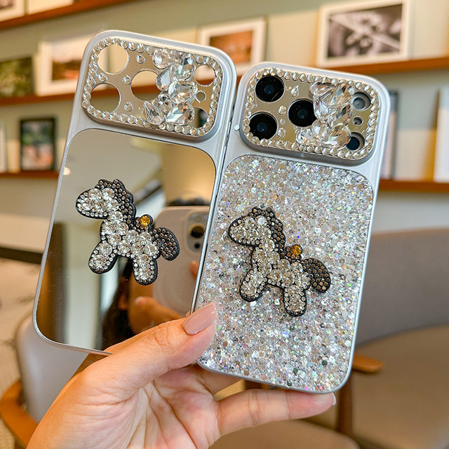 For 17 Pro Max Rhinestone Pony Dripping Glue Glitter Finish Mirror Design Phone Case Luxury Shockproof  iPhone Cover for 16 15