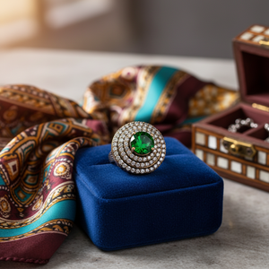 Round Shape <b>Emerald</b> CZ Stone Ottoman Ethnic Design Turkish Jewellery Zircon Wholesale Handcrafted Authentic <b>Silver</b> <b>Ring</b> - Product Image 3