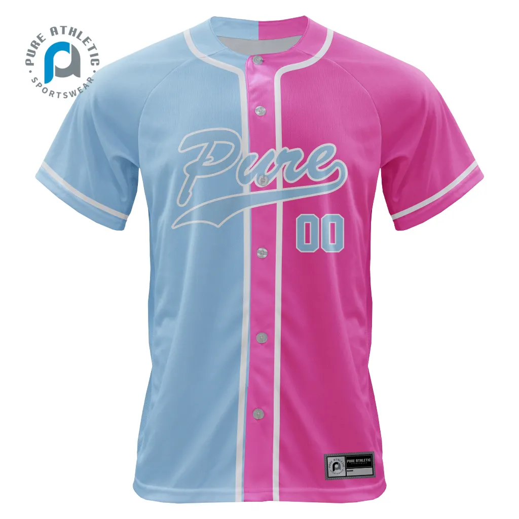Kaus bisbol cepat kering, kaus bisbol murni merah muda dan biru sublimasi, Jersey kustom pria muda, Jersey bisbol leher v seragam bisbol softball